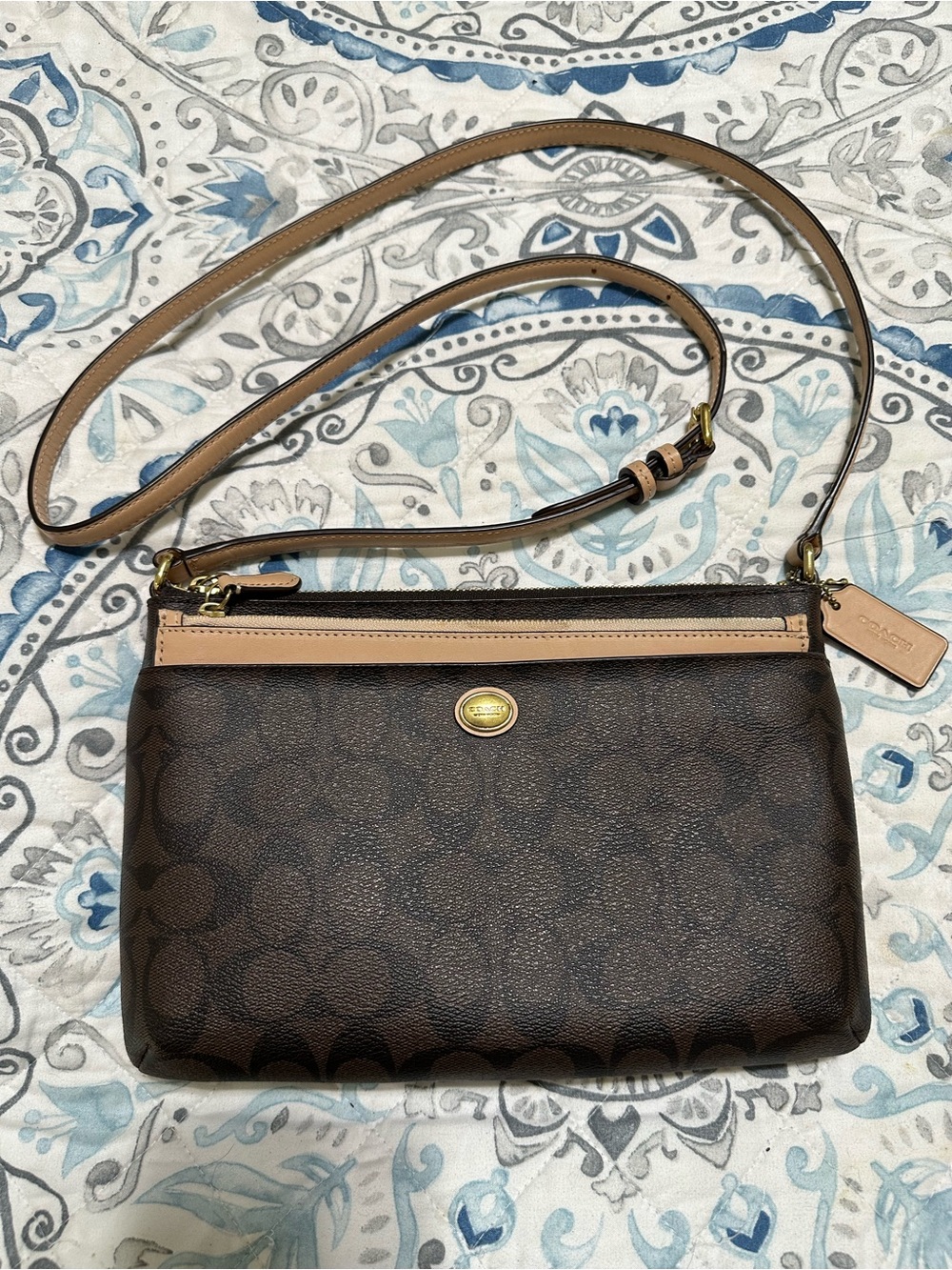 Coach Dark Brown Signature Crossbody with Tan Trim